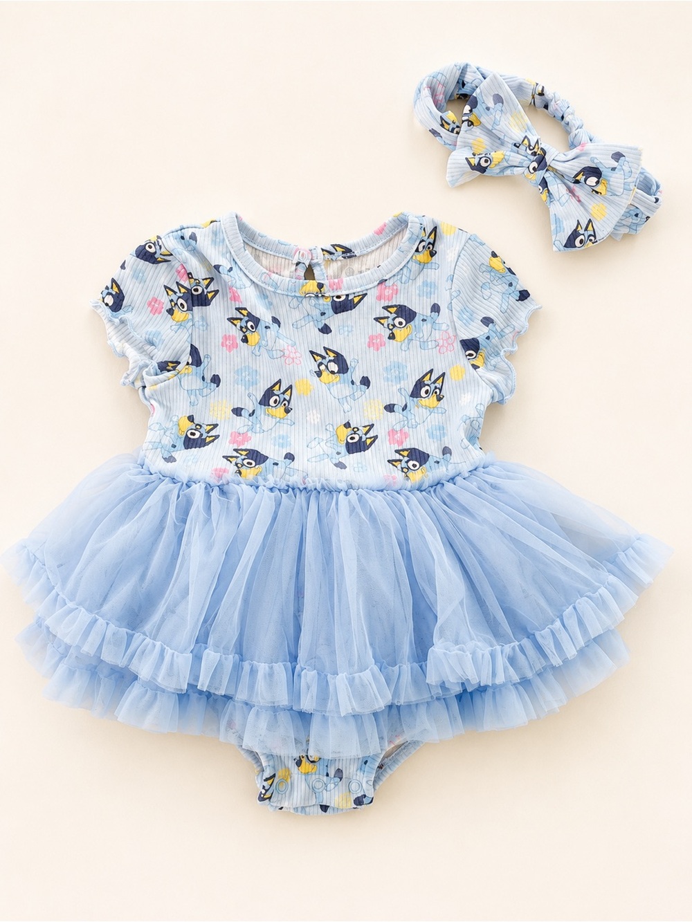 Bluey Girls Printed Ribbed Romper with Floral Trim